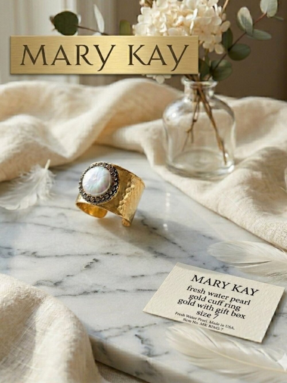 MARY KAY fresh water pearl gold cuff RING gold with gift box